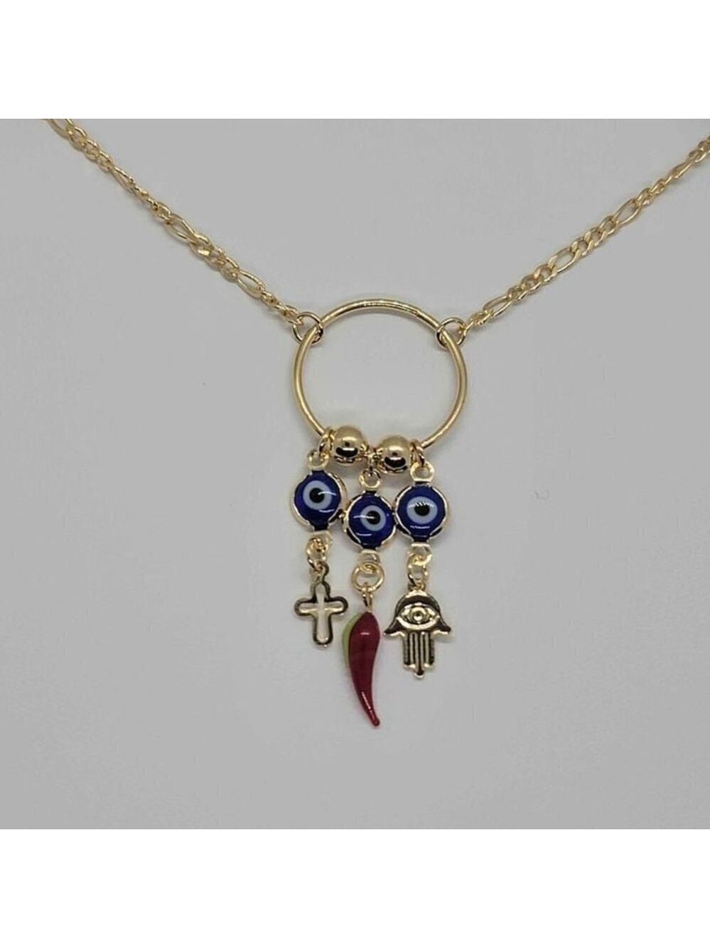 Brand New Brazilian 18k Gold Filled Lucky Charms with blue Evil Eye Necklace - Picture 1 of 4
